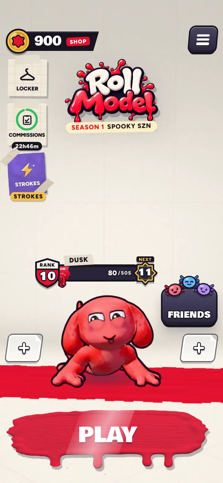 The lobby: Dusk, a red axolotl, under the Roll Model logo, with the big Play button below.
