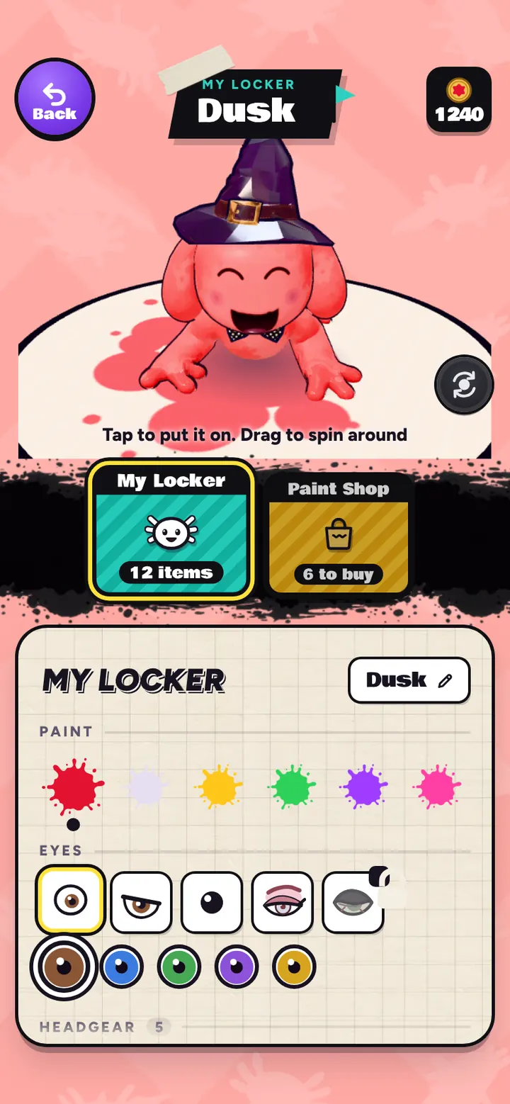 My Locker: Dusk in a witch hat and a bow tie, with paint colors and eyes to pick from.