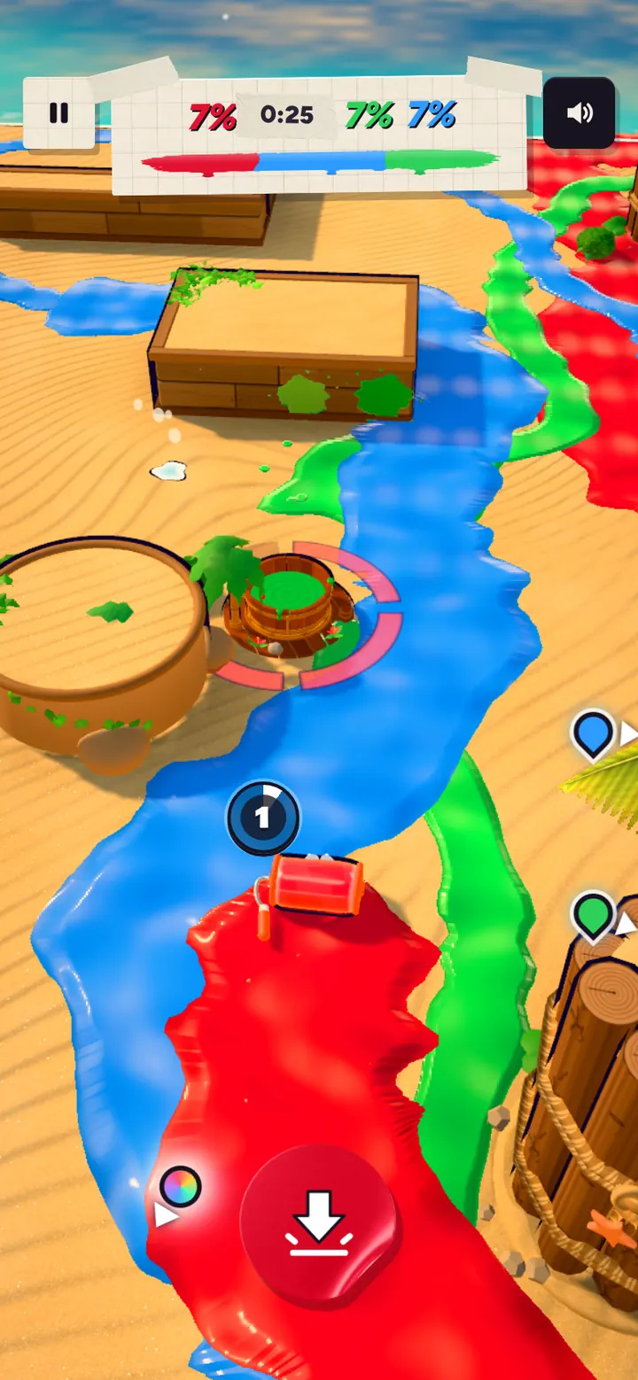 A 3-way on Palette Island: red, blue and green paint over the sand, 25 seconds left.